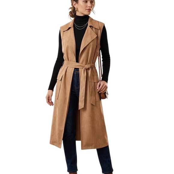 Solitaire by Ravi Khosla Jackets & Blazers - Solitaire Ravi Khosla Womens XL Tan Faux Suede Longline Vest Belted Duster NWT